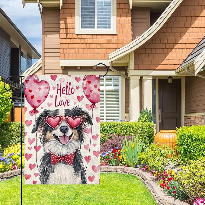 Valentine's Day Australian-Shepherd Hello Love Garden Flag, House Yard Plaid Love Heart Outside Decoration, Spring Holiday Wedding Anniversary Outdoor Small Decor 12x18(12651)
