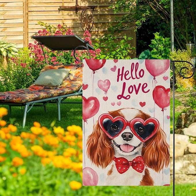 Valentine's Day Cavalier-King-Charles Spaniel Hello Love Garden Flag, House Yard Plaid Love Heart Outside Decoration, Spring Holiday Wedding Anniversary Outdoor Small Decor 12x18(12638)