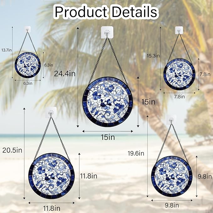 AMDERVEN Stained Glass Window Hanging, Blue and White Abstract Flowers Sun Catcher for Door Home Decor Suncatcher Christmas Mother's Day Birthday Gifts for Women Men Mom and Nana 6.3 in