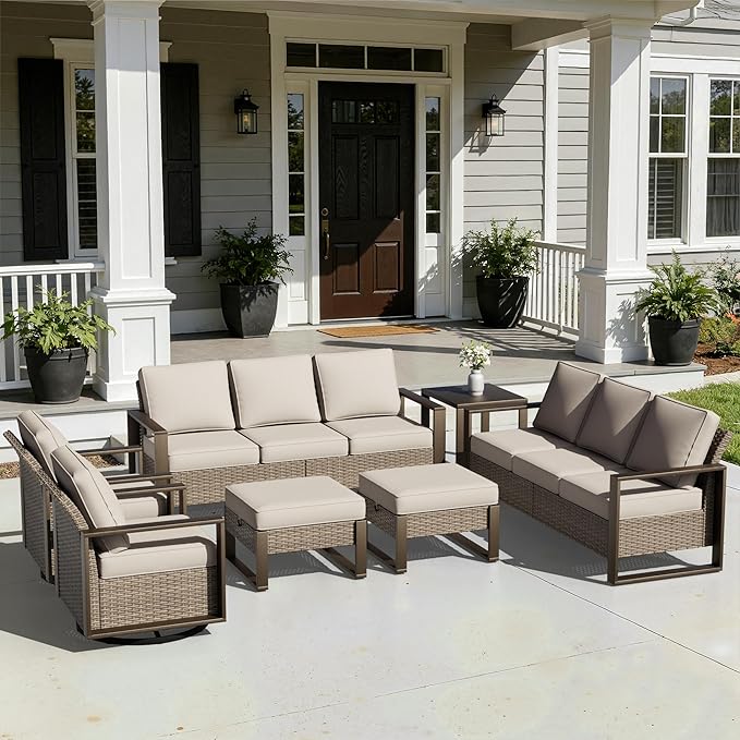Outdoor Patio Swivel Rocker Chairs, 7 Pieces Wicker Furniture Set, 2 Swivel Rocking Chairs, 2 Sofa 2 Ottoman and 1 Table, Wide Armrest, Thick Cushions and Deep Seating for Garden, Backyard, Porch