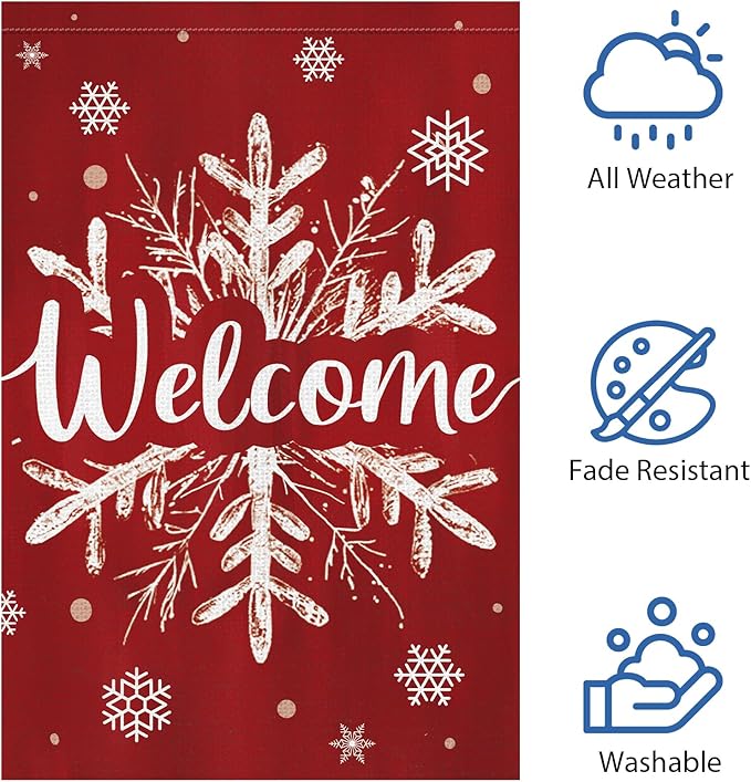 Heyfibro Christmas Welcome Garden Flag 28x40 Inch Double Sided Burlap, Winter Snowflake Yard Banner for Holiday Xmas Yard Outdoor Decoration(ONLY FLAG)