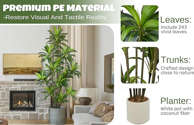 Roselywed Artificial Dracaena Tree 8FT with 243 Leaves & 12 Heads & White Pot Tall Large Fake Faux Tropical Silk Yucca Plant 96 Inch Glossy Thick Leaves for Indoor Home Office Porch Mall School Decor