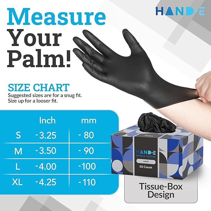 Hand-E Touch Black Nitrile Black Disposable Gloves Large, 200 Count - BBQ, Tattoo, Hair Dye, Cooking, Mechanic Gloves - Powder and Latex Free