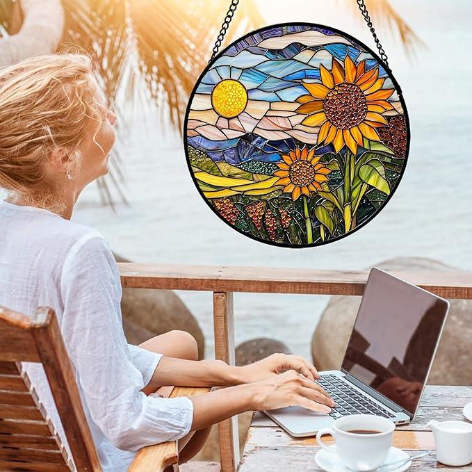 AMDERVEN Stained Glass Suncatcher, Sunflower Flowers Landscape Sun Catcher Plant Mountains Stain Glass Window Hanging Decoration Mother's Day Birthday Gifts for Women Men Mom Nana 11.8 in
