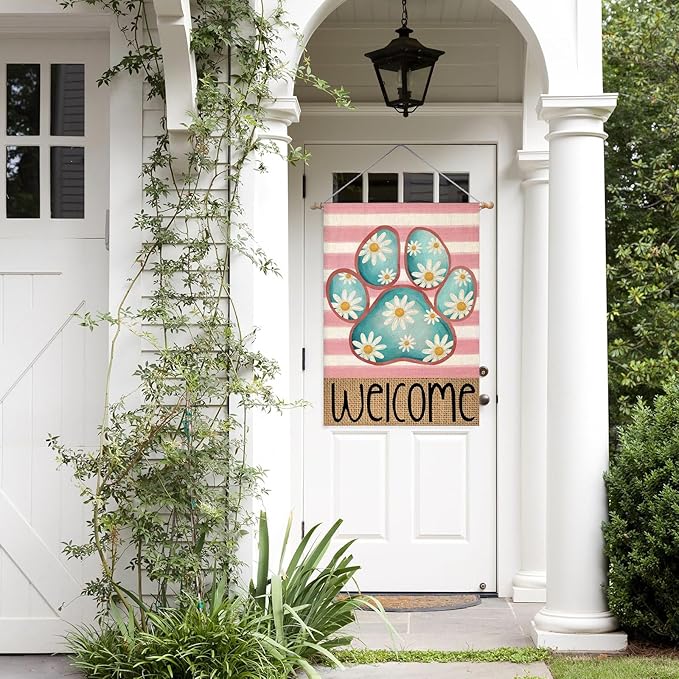Welcome Spring House Flags for Outdoor Decoration, Dog Paw with Daisy Flowers Stripes Large Yard Flag, Decorative Summer Celebration Decor for Seasonal Farmhouse Holiday Outside 28x40 Inch