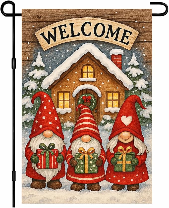IVN Winter Garden Flag 12x18 Inch Double Sided Winter Gnomes with Gifts and Welcome Sign Outdoor Yard Flag for Outside Home Front Door Lawn Porch Patio Welcome Decor