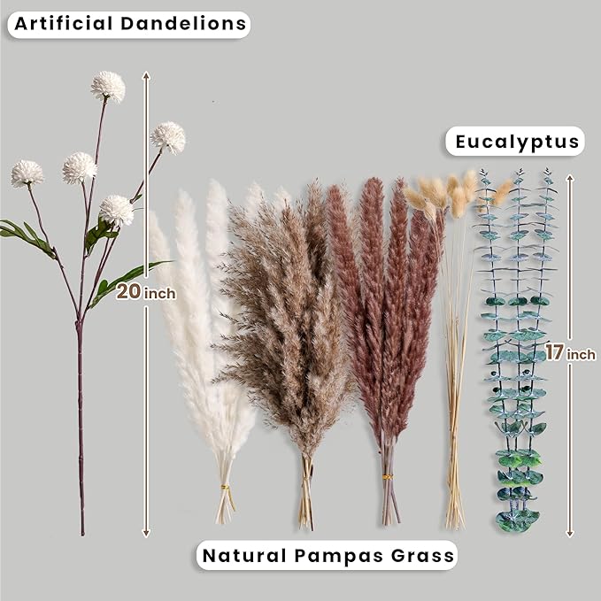 High-End Faux Flower Bouquet with Dried Pampas Grass Decor – Realistic Artificial Flowers Indoor | Faux Peonies, Mums, Ranunculus, Eucalyptus | Dried Floral Arrangements & Vase Fillers for Home Decor