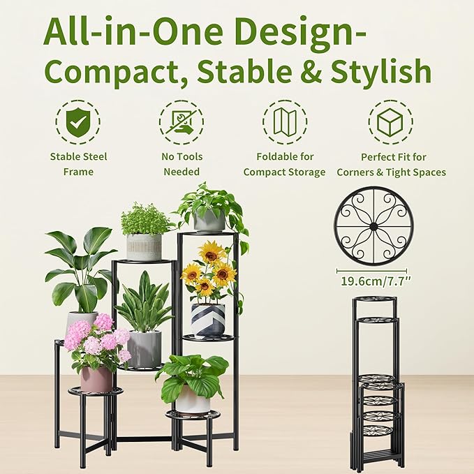 NQW Plant Stand Outdoor,7 Tier Foldable Corner Tall Plant Shelf for Multiple Plants Flower Pot Holder Display Stand for Living Room Balcony Garden Patio -BlackS