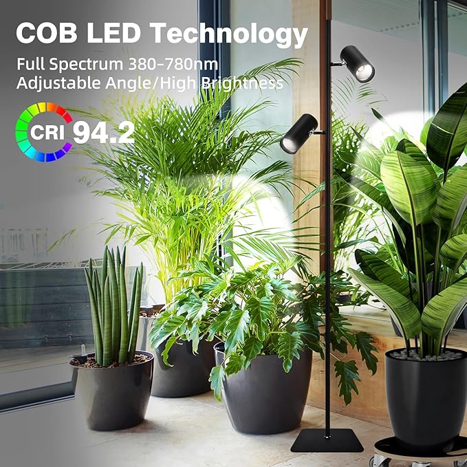 60W Dimmable Grow Light, Full Spectrum COB LED Dual-Head Floor Lamp with High PPFD&CRI, 6/8/12H Timer, Adjustable Height (37"-77") & Angle – Standing Grow Lights for Indoor Plants (6000K Daylight)