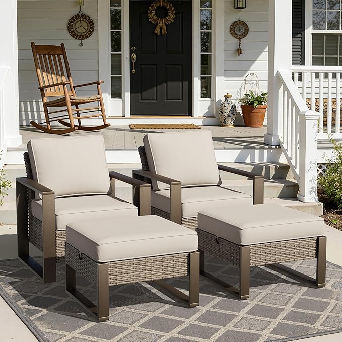 Joyside Outdoor Patio Swivel Rocker Chairs, 4 Pieces Wicker Furniture Set, 2 Swivel Rocking Chairs and 2 Ottoman, Metal Wide Armrest, Thick Cushions and Deep Seating for Garden, Backyard, Porch, Deck