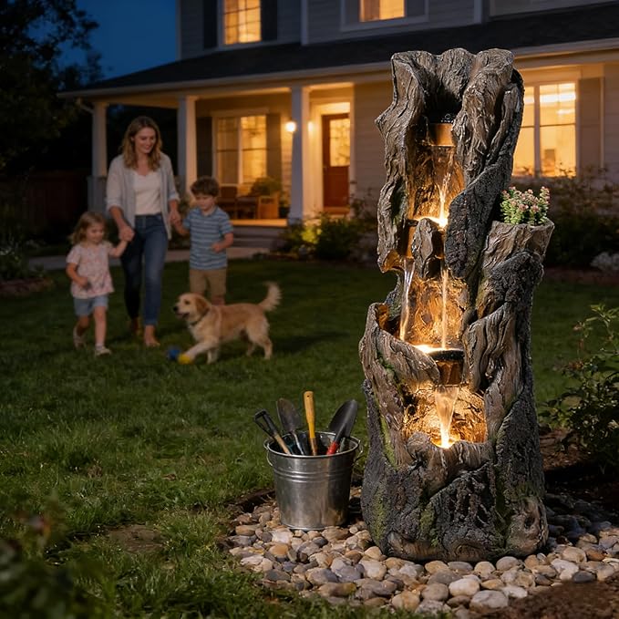 43.7''H Water Fountain Outdoor, 4 Tiered Large Tree Trunk Outdoor Freestanding Cascading Waterfall with LED Lights, Floor-Standing Water Feature for Garden, Yard, Patio, Porch, Home Art Decor