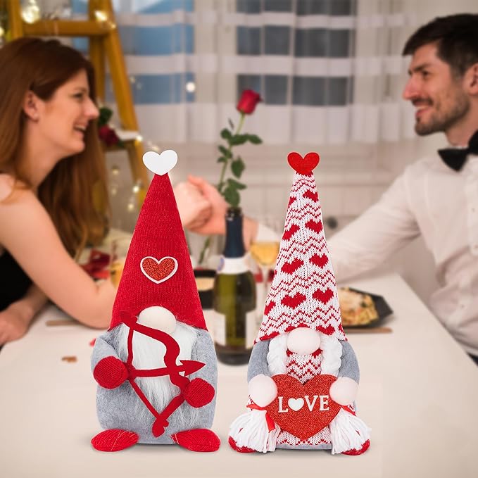Valentine Day Decorations, 2 Pack Handmade Scandinavian Tomte Gnomes, Valentines Gnome Doll Tiered Tray Decorations, Plush Love Crafts Decor, Romantic Sweet Doll for Him Her Friends