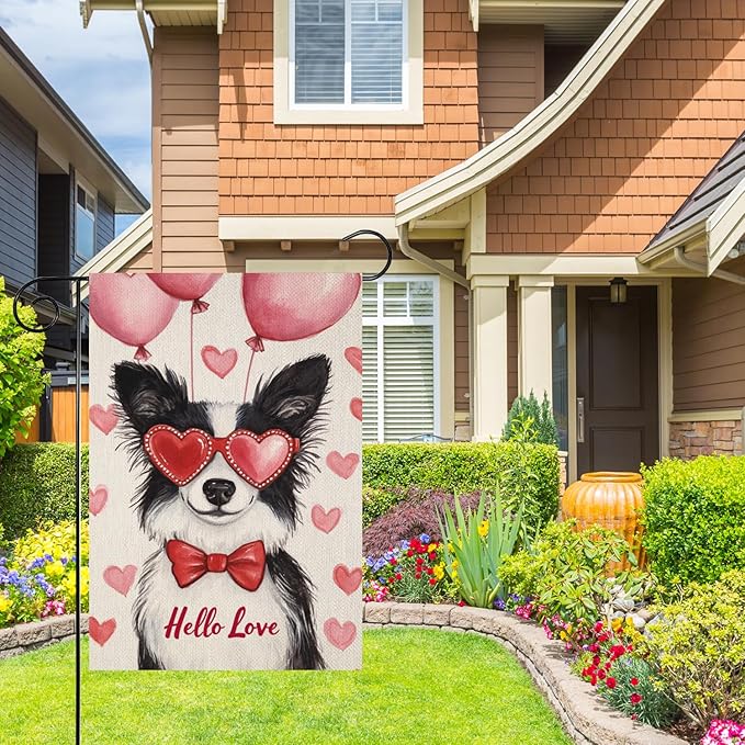 Valentine's Day Shetland-Sheep-Dog Hello Love Garden Flag, House Yard Plaid Love Heart Outside Decoration, Spring Holiday Wedding Anniversary Outdoor Small Decor 12x18(12639)