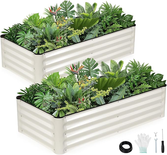 INNO STAGE Galvanized Raised Garden Bed Kits, 4x2x1ft Metal Raised Garden Beds Outdoor, Steel Raised Planter Bed with Gloves for Vegetables & Flowers Patio Ground Planter Box (White, 2PCS)