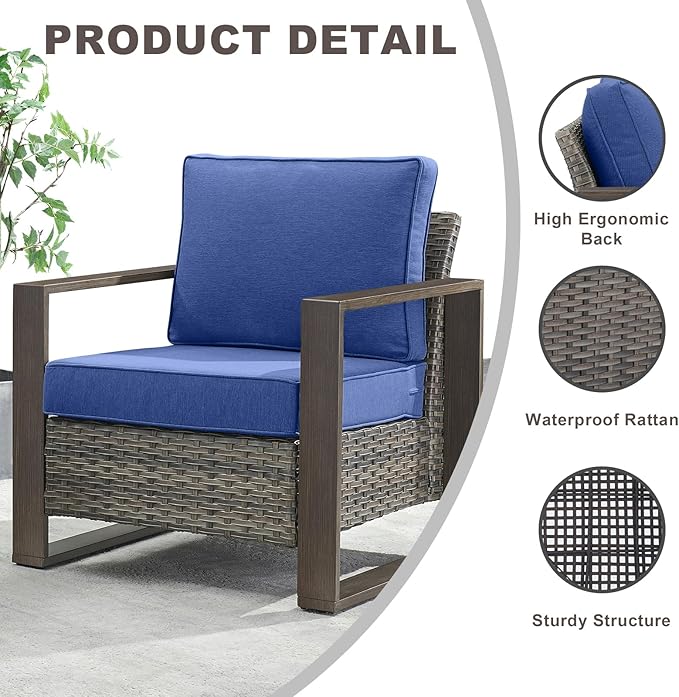 3 Piece Wicker Patio Furniture Set,Patio Bistro Set with 2 Rattan Armrest Chairs and 1 Side Table,Sturdy Frame,All-Weather PE Wicker,Wide Armrest,Deep Seating and Thick Cushions(Mixed Grey/Blue)