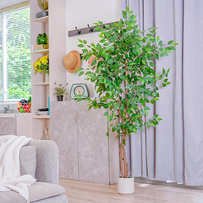 VIVATREES 5FT Artificial Ficus Tree with White Planter, Realistic Faux Silk Indoor Outdoor Plant for Home Office Living Room, Porch, Garden Decor