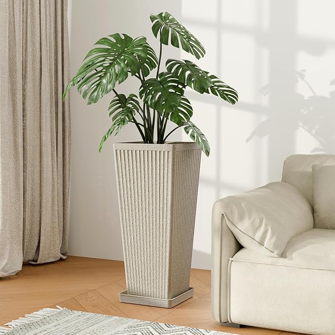 Trygoal Square Tall Planters for Outdoor Plants Set of 2-23.6" Heavy-Duty Classic Tapered Indoor Flower Pots with Drainage Holes/Partition/Tray, Large Outdoor Planters for Porch Patio Garden, Beige