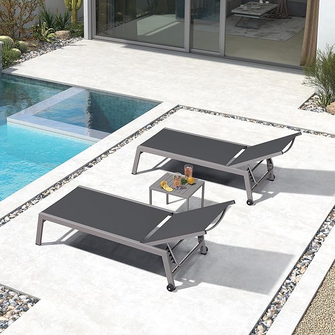 PURPLE LEAF Outdoor Chaise Lounge Set for 2 Oversized Pool Lounge Chairs with Easy-to-Move Wheels and Adjustable Backrest Extra Large Patio Loungers for Poolside Deck Beach Yard Table Included, Grey