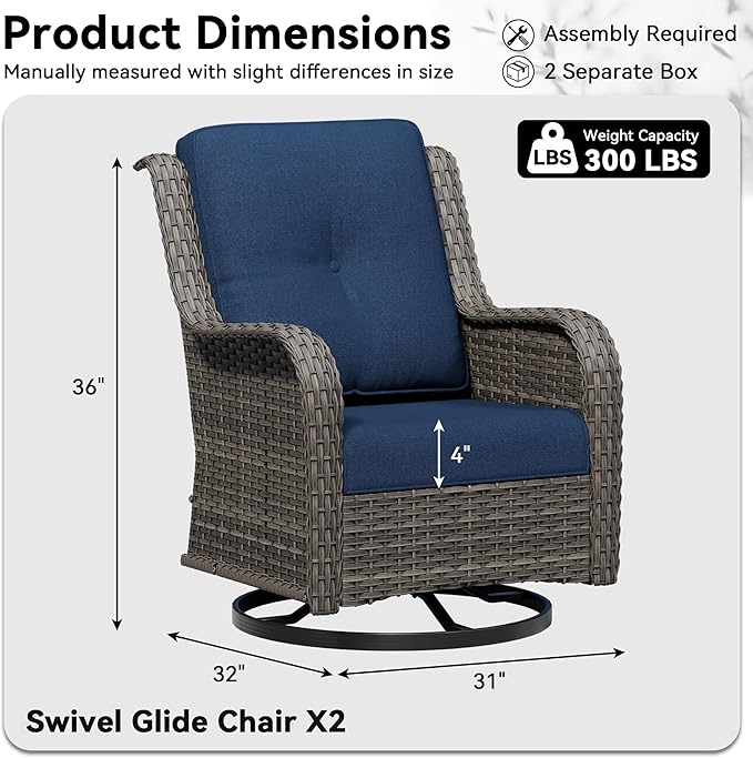 Swivel Rocker Patio Chairs Set of 2 - Outdoor Wicker Patio Furniture Set 2 Pieces with Thickened Olefin Cushions, High Back and Deep Seating, Hand-Woven PE Rattan for Porch, Deck, Blue