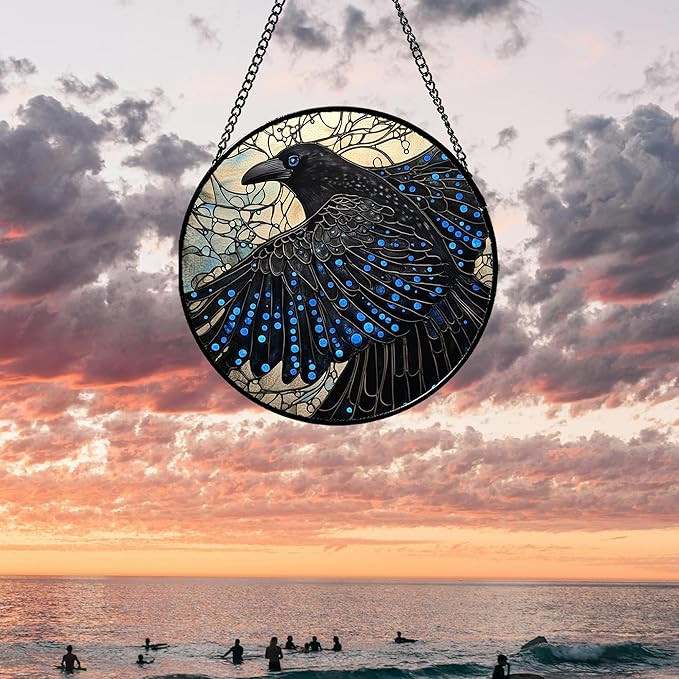 Stained Glass Window Hanging - Black Crow Big Wings Suncatcher for Doors Garden Patio Bird Sun Catchers Decor Christmas Mother's Day Birthday Gifts for Women Men Mom Nana Friend 6.3 in