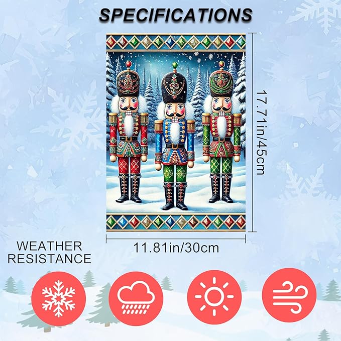 IVN Christmas Garden Flag 12x18 Inch Nutcracker Soldiers in Colorful Uniform with Snowy Pine Trees and Holiday Border Flag Double Sided Outdoor Yard Banner for Porch Lawn Patio Decor Winter
