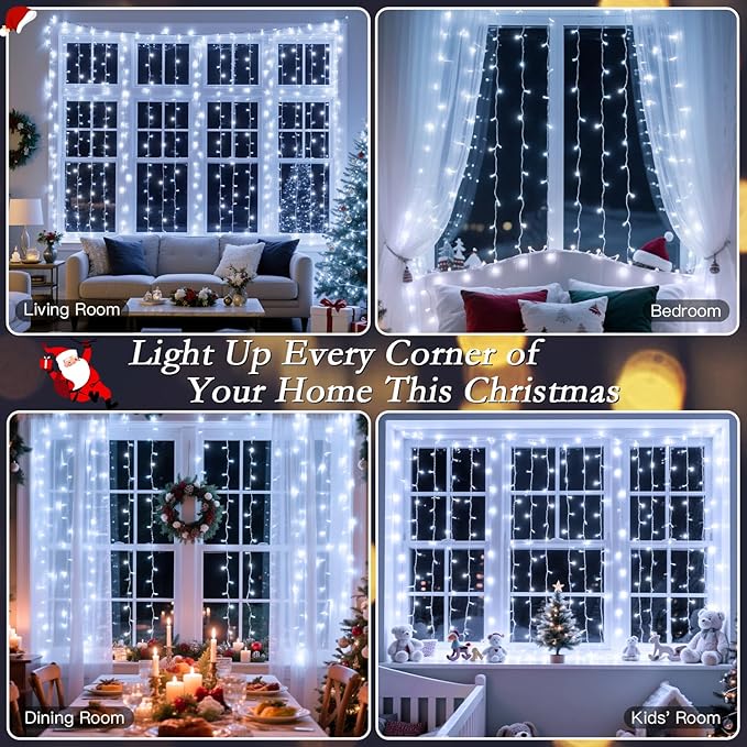 200 LED Curtain String Lights 9.8 * 6.6FT Plug in Fairy with Timer and 8 Modes, Waterproof Window Wall Lights for Bedroom Wedding Party Indoor Outdoor Christmas Decor