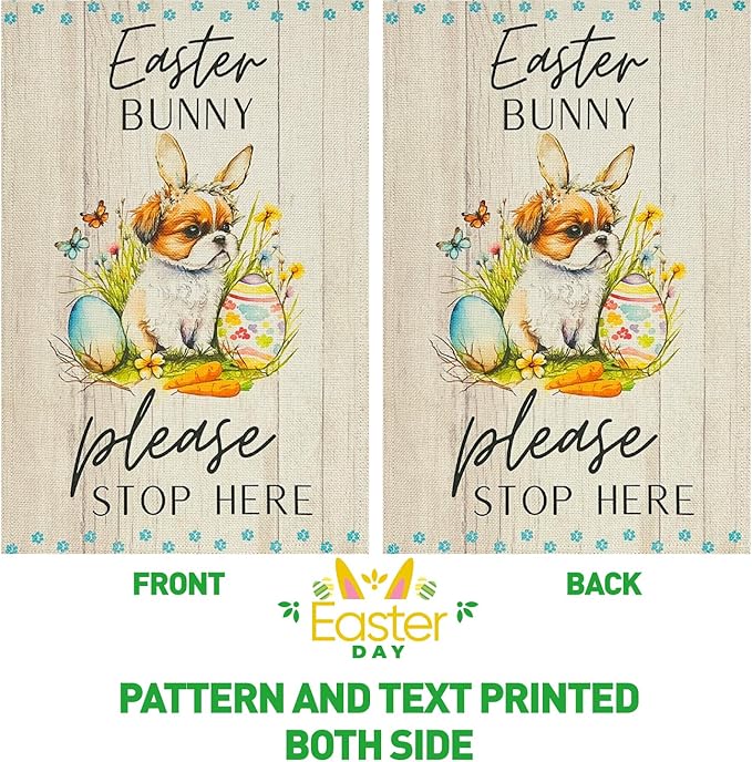 Easter Dog Garden Flag Bunny Please Stop Here Double Sided 12×18 Inch,Puppy With Rabbit Ear Eggs Vertical Small Burlap Spring Holiday Yard Lawn Front Porch Outdoor Decorations