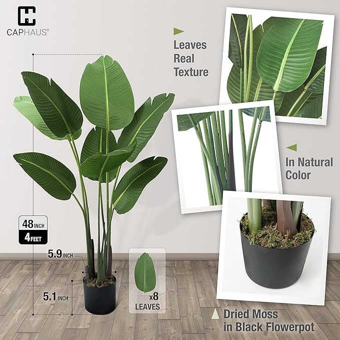 CAPHAUS 4FT Artificial Bird of Paradise Plant, UV Resistant Fake Potted Plant with Dried Moss for Indoor Outdoor Use, Perfect for Tabletop, Corner, Apartment, Home Office Decor, No Maintenance