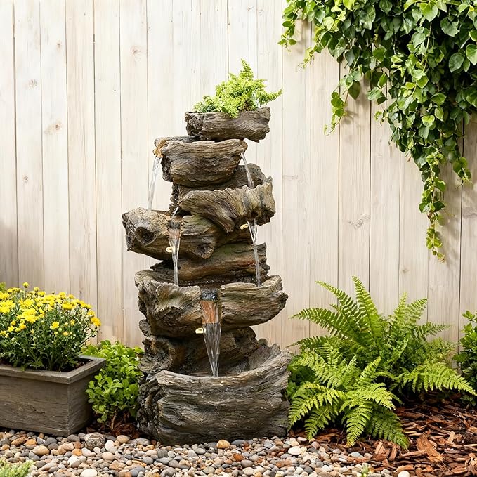40.6" H Wood-Like Water Fountain Indoor & Outdoor, 5-Tier Natural Cascading Waterfall with LED Light for Patio, Porch, Garden, Home Decor, Medium Wood