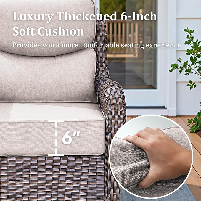 Luxury High Back Patio Furniture Set with Fire Pit Table, 4-Pieces Outdoor Furniture with 6" Thick Cushions Swivel Chairs, Wicker Conversation Set for Porch, Balcony, Deck and Yard, Brown/Beige