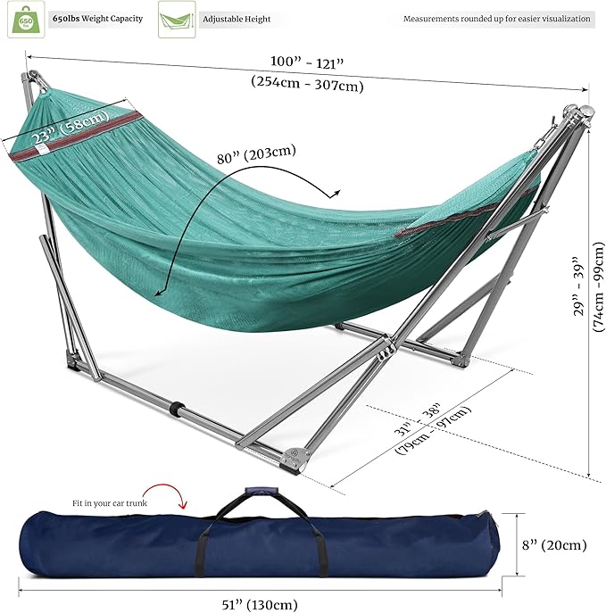 Tranquillo Adjustable Collapsible Hammock with Stand – Picnic Hammock Stand and 2 Layered Polyester Hammock Net for 2 Persons with Carry Bag, Sky