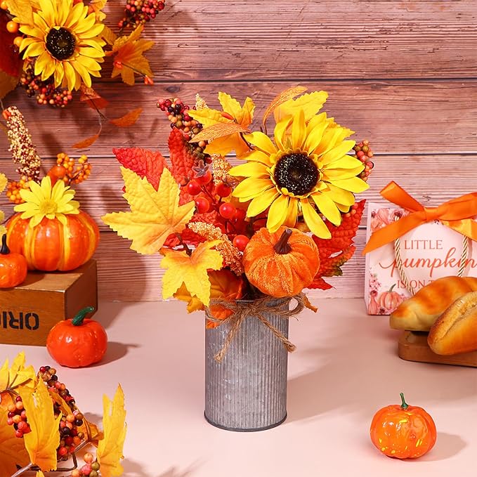 6 Pack Fall Fake Potted Plants Thanksgiving Floral Arrangements Artificial Sunflowers Maple Leaf Berry Pumpkin Metal Pots Faux Flower Harvest Holiday Table Centerpieces Rustic Mantel Decor