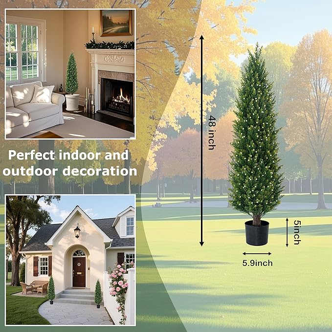 4FT Artificial Cedar Topiary Trees Set of 2 Faux Pine Trees White Berries Fake Shrubs UV Resistant Potted Plant Artificial Plants for Front Porch Garden Indoor Outdoor