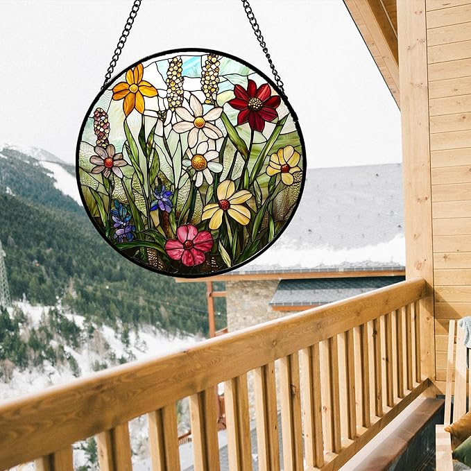 DASTOLL Stained Glass Window Hanging, Colorful Wildflowers Plant Scenery Suncatcher for Doors Window Home White Green Sun Catchers Decor Mother's Day Birthday Gifts for Women, Men Mom 9.8 in