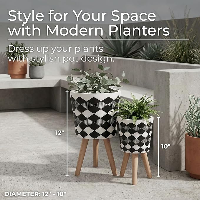 Sagebrook Home Set of 2 Geometric Planters on Stands - Resin & Wood Mid-Century Modern Plant Pots for Indoor/Outdoor Home & Garden Decor - 12" & 10", Black & White G