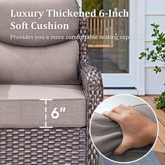 Luxury Patio Furniture Set with 42.5" Fire Pit Table, 6 Pieces High Back All Weather Wicker Outdoor Furniture w/ 6-Inch Thick Cushions, Patio Swivel Chairs Couch for Deck Balcony Backyard Brown/Grey