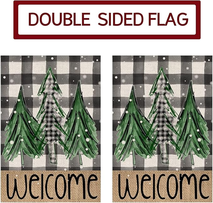Welcome Christmas Trees Garden Flag 28 x 40 Inch Vertical Double Sided Buffalo Plaid Winter Holiday Yard Outside Xmas Décor