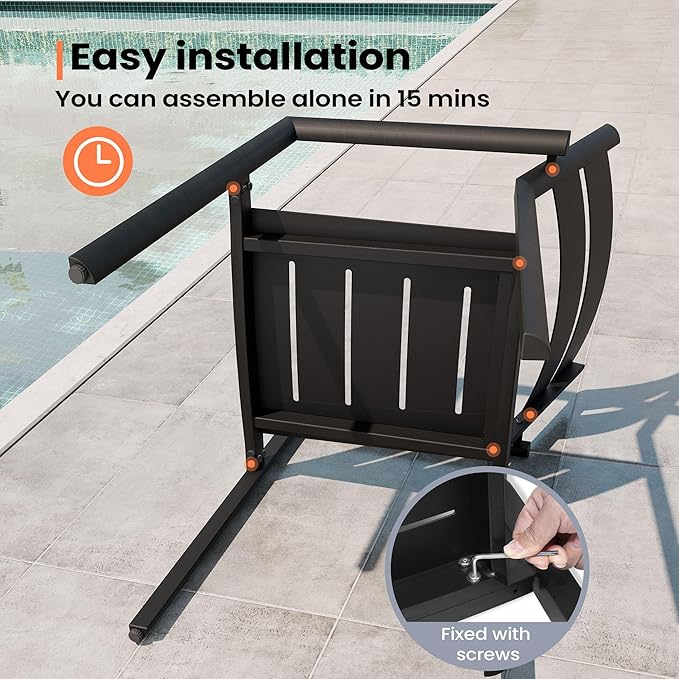 Pellebant Aluminum Stackable Patio Dining Chairs Set of 6, Black Outdoor Dining Chair with Armrest, All Weather for Patio, Lawn, Garden