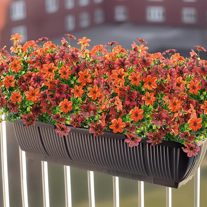 Homsunny Artificial Flowers for Outdoors Fake Plants Spring Home Decoration, 12 Bundles Realistic Faux Flower Daisy with Eucalyptus Stem UV Resistant for Patio Planter Porch Yard(Orange Brown)