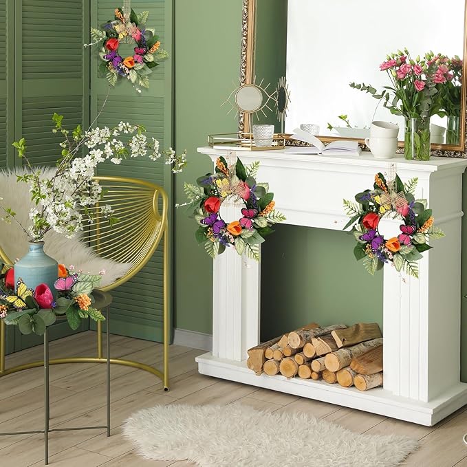 6 PCS Mini Spring Summer Kitchen Cabinet Wreaths Small Butterfly Tulip Lavender Eucalyptus for Front Door with Ribbon Berry Spring Floral Silk Flowers Wreath for Porch Wall Window Farmhouse Decor