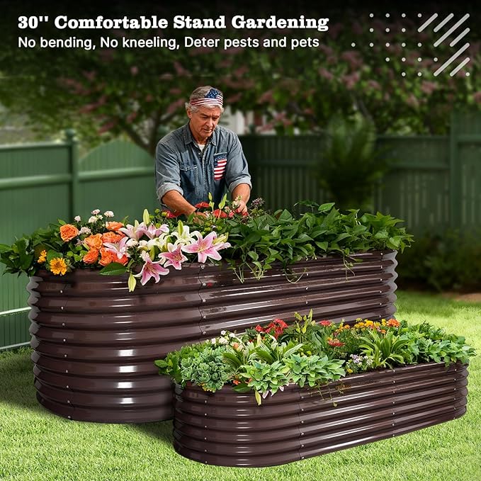 A ANLEOLIFE 30" Extra Tall Galvanized Raised Garden Beds Outdoor, 6x3x2.5ft Oval Metal Planter Boxes for Planting Vegetables, Flowers, Fruits, Eco-Safe & Easy Setup, CaféBronze