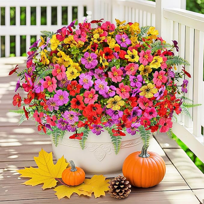 Artificial Faux Plants Flowers Outdoor Decoration,16 Bundles Fake Silk Colorful Daisy Eucalyptus Realistic UV Resistant for Outside Home Planter Porch Patio Yard Decor (Mix Purple Pink Yellow Red)