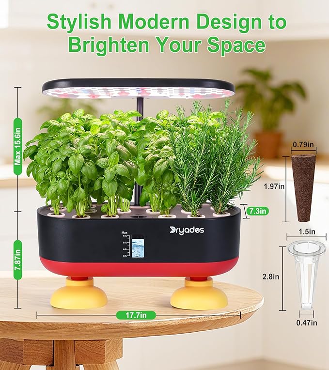 16 Pods Hydroponic Growing System, Indoor Garden with 24W Full-Spectrum LED, Smart Quiet Auto-Watering Herb Planter, Classic Red-Black Gift Design for Home, Office & Holiday