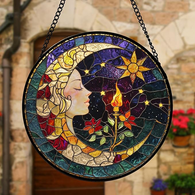 DASTOLL Stained Glass Window Hanging, Moon Goddess Torch Suncatcher Diamond Glass Panel Hangings Dream Sun Catchers Decor for Birthday for Women, Men, Wife, Aunt, and Mom 11.8x11.8 in