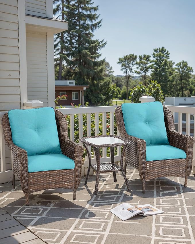 3 Piece Patio Brown Wicker Chairs with Side Table - Outdoor High Back Heavy Duty All-Weather Lawn Dining Rattan Chair Conversation Bistro Set for Deck Porch Balcony Backyard Garden - Turquoise