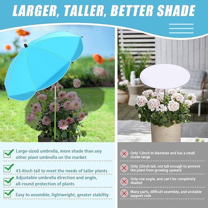 Axcoix 4 Pack Upgraded Plant Umbrellas for Outdoor Plants, 26" Larger Garden Plant Umbrella Shade with Adjustable Angle, 43.4" Higher Sun Shade for Plants, Potted Plant, Garden Beds