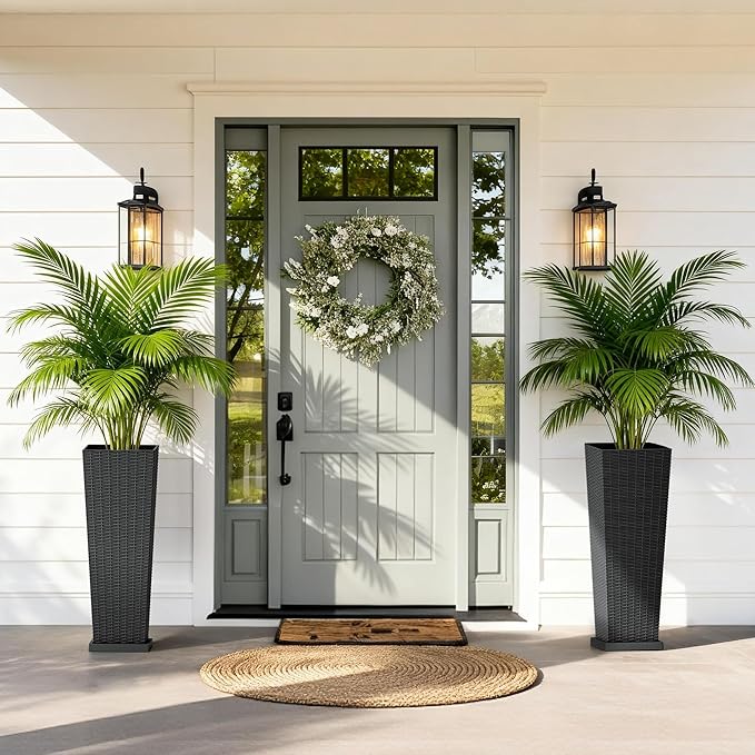 Set of 2 Tall Plastic Planters with Saucer, 32 Inch Height Pots with Drainage Trays, Black