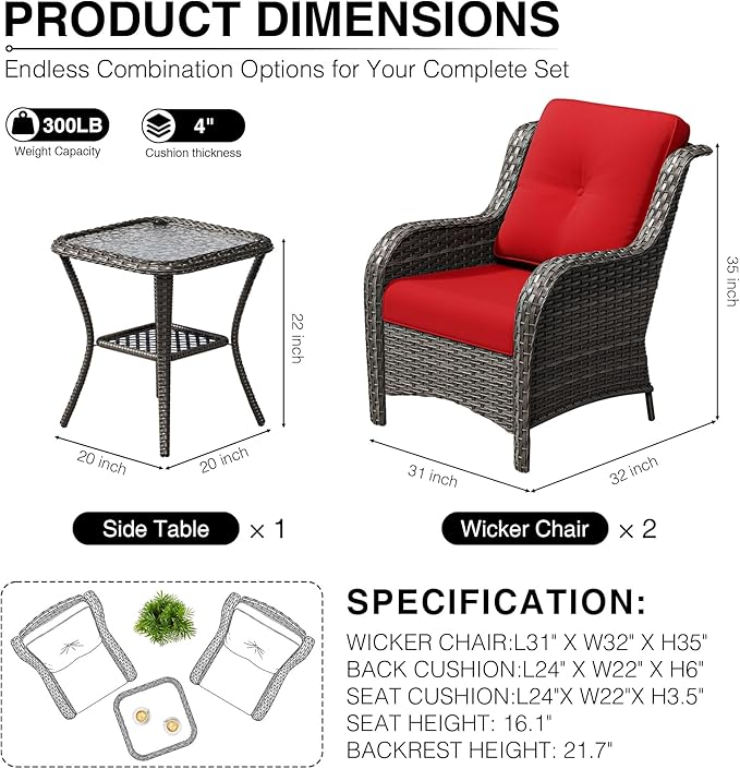 Joyside 3 Piece Wicker Patio Furniture Set, Rattan Patio Chairs with High Back, Deep Seating, Wide Armrest, Thickened Cushions, Outdoor Furniture for Deck, Porch Use