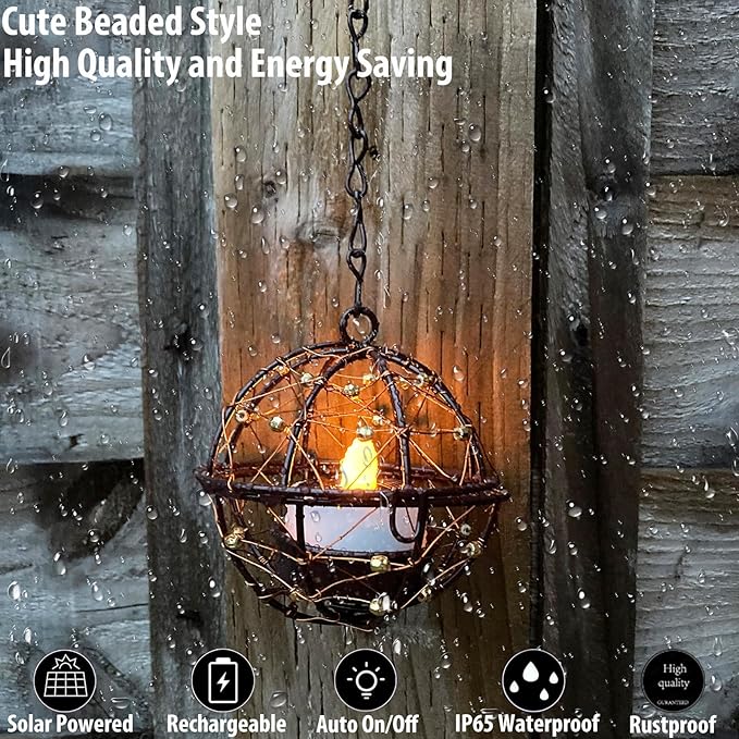 Outdoor Solar Hanging Lanterns Waterproof, Globe Hanging Candle Holder with Flickering Solar Powered Tea Lights, Chargeable Chandelier Light for Backyard Patio Garden Fence Tree Decoration-4Pack