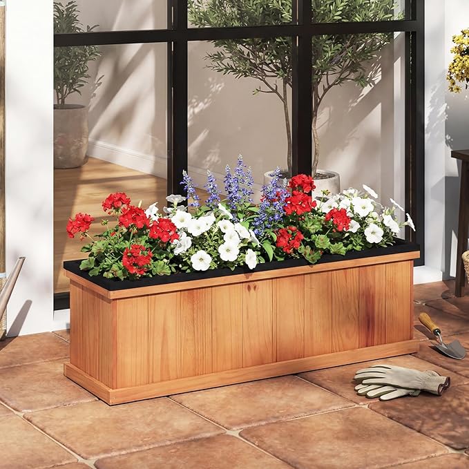Giantex Outdoor Raised Garden Bed Set of 2, 28” x 10” x 10” Pine Wood Planter Box w/ 3 Drainage Holes, Removable Bottom & Bed Liner, Rectangular Flower Container for Vegetables Herbs, Indoor & Outdoor